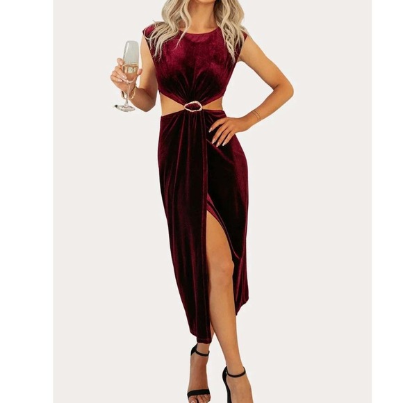 D.ARK Dresses & Skirts - D.ARK Dress Velvet Cutout Burgundy Gold Hardware Midi M NWOT Aesthetic